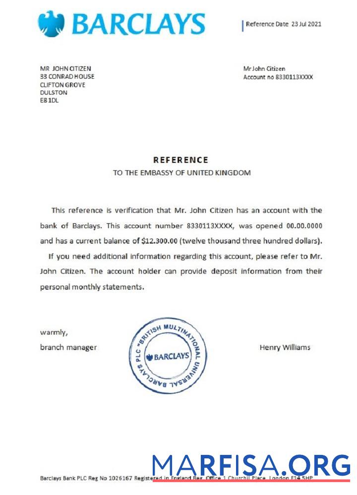 Великобритания Barclays Справка образец