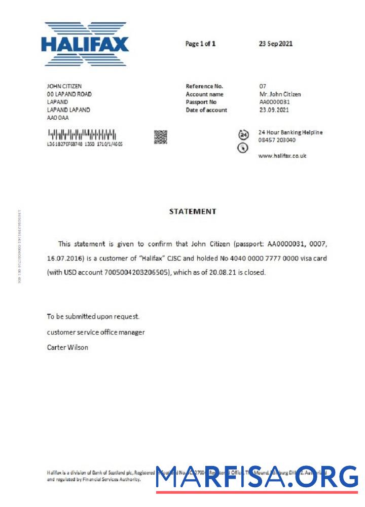 Великобритания Halifax closure Справка образец