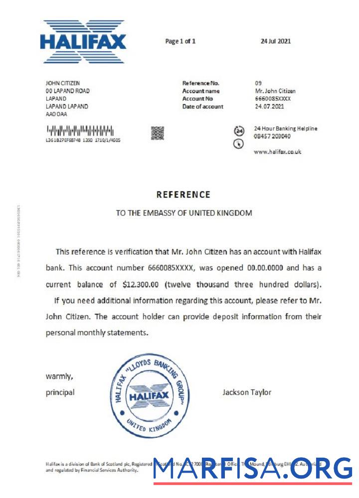 Великобритания Halifax Справка шаблон