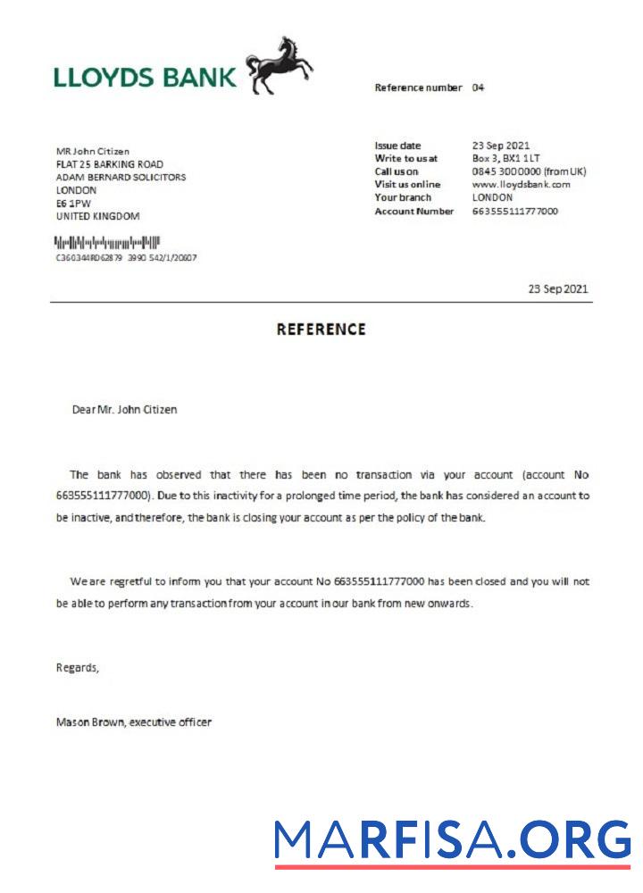 Великобритания Lloyds Банковский closure Справка образец