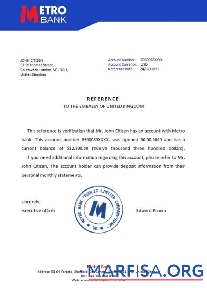 Великобритания Metro Банковский Справка образец
