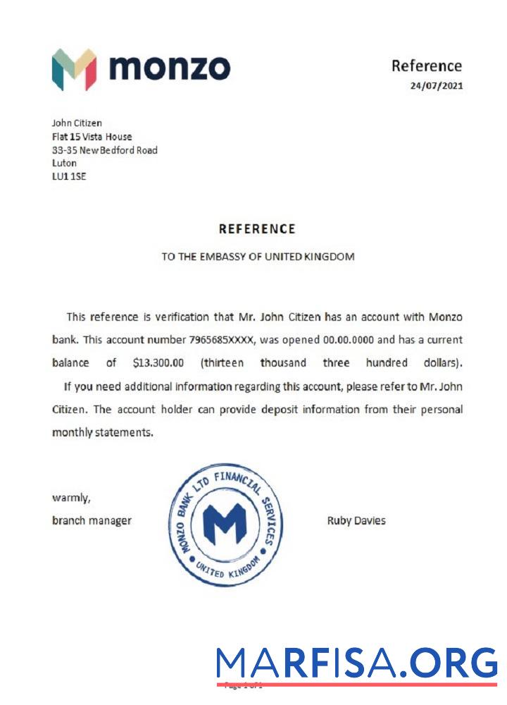 Великобритания Monzo Банковский Справка предпросмотр