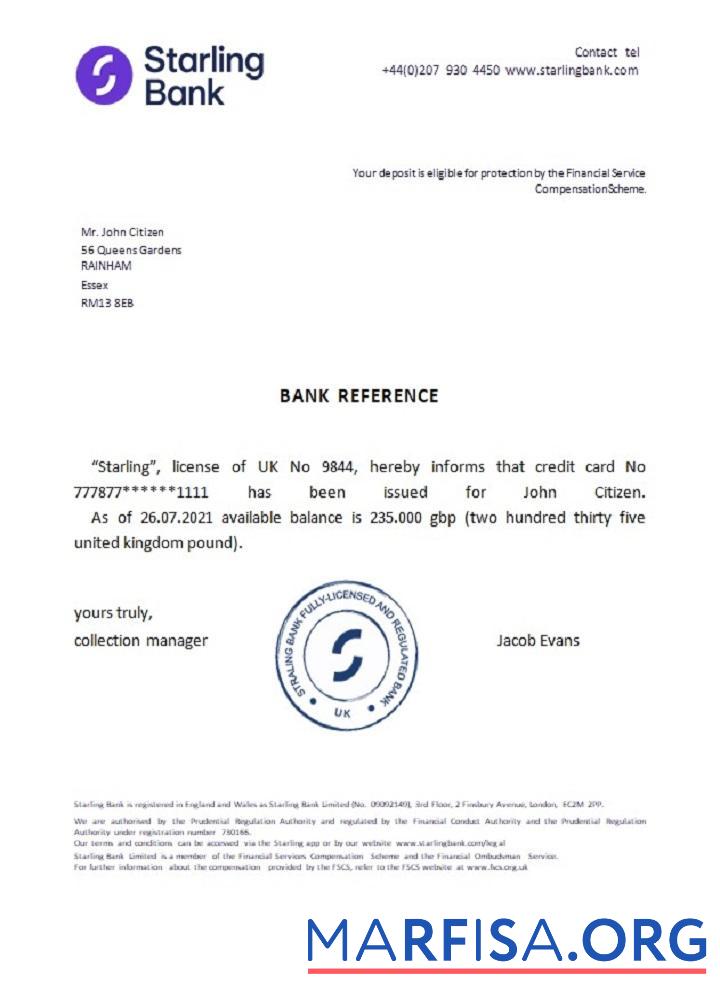 Великобритания Starling Банковский Справка макет