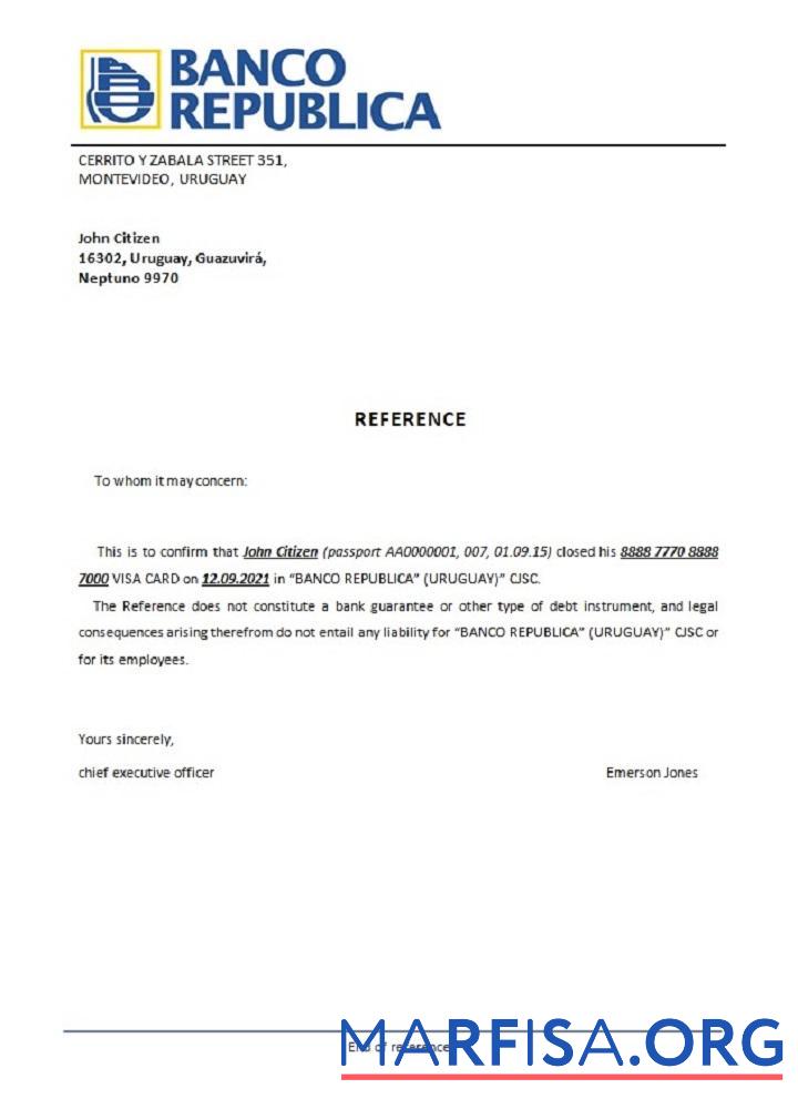 Уругвай Banco Repu╠üblica closure Справка макет