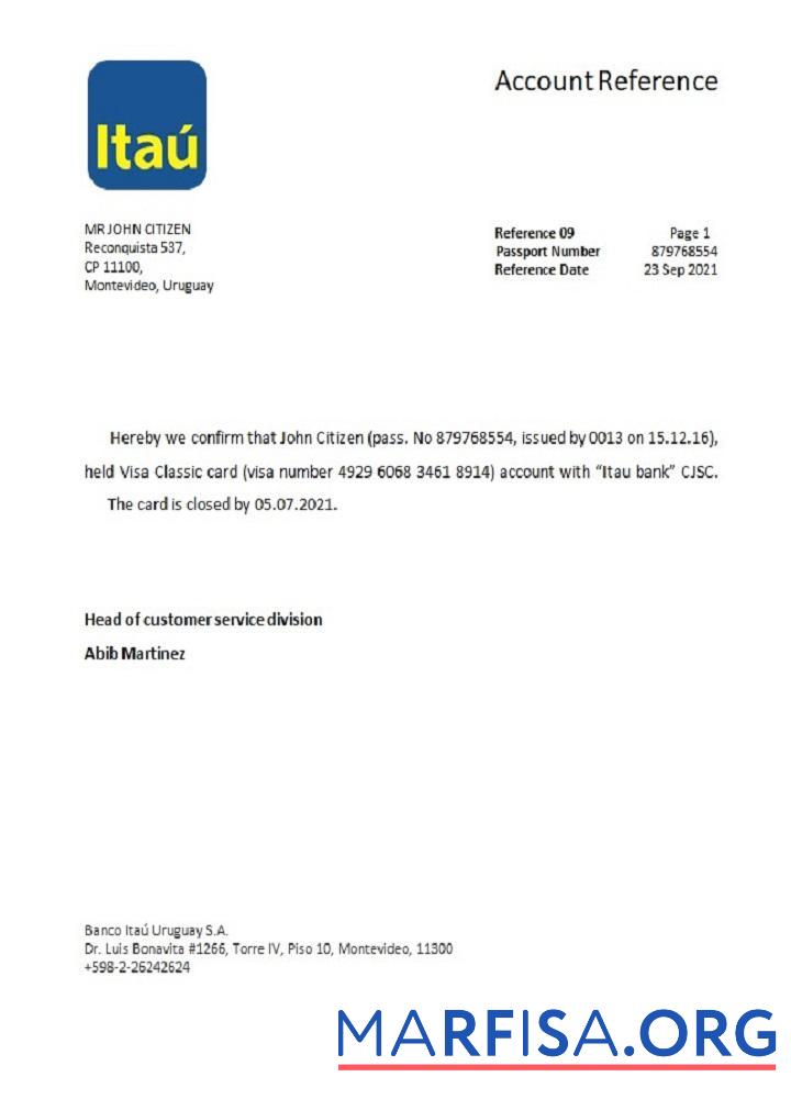 Уругвай Itau Банковский closure Справка макет