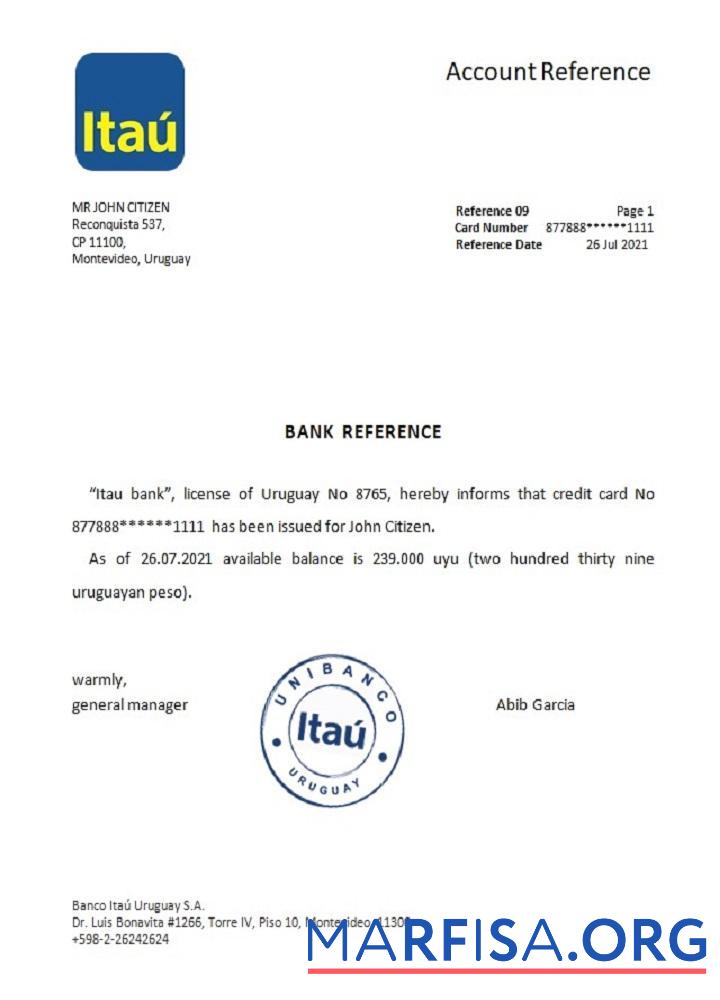 Уругвай Itau Банковский Справка макет