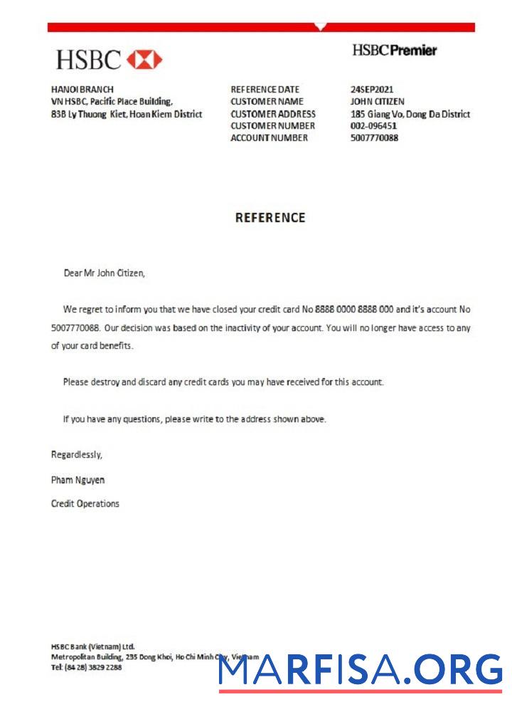 Вьетнам HSBC Банковский closure Справка образец