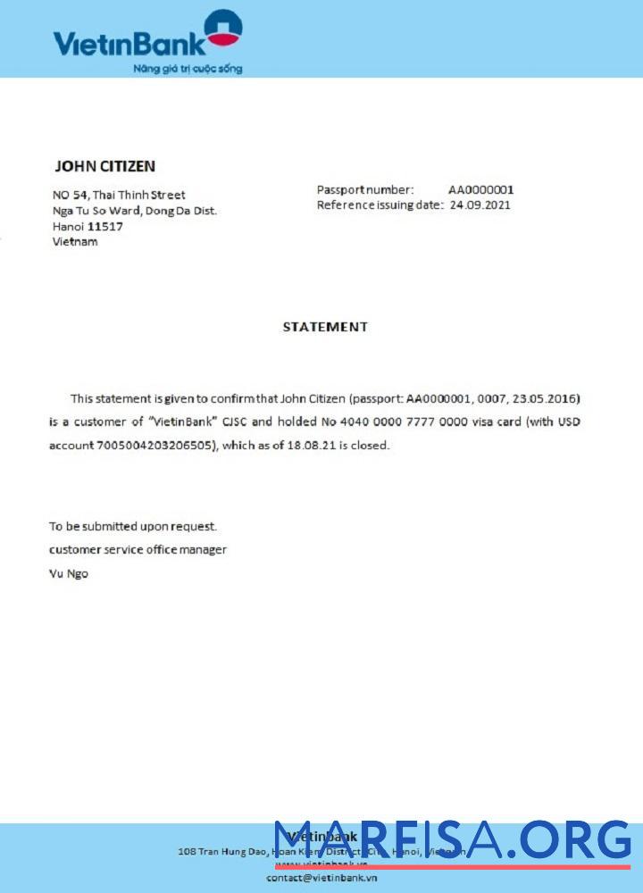 Вьетнам Vietinbank closure Справка шаблон