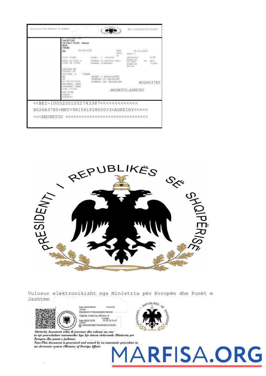 Premium Albanien e Visum Vorlage in Word and PDF Formate, Version 3