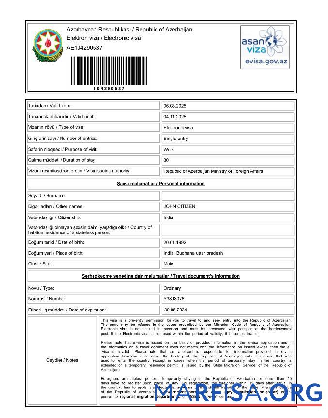 Hohe Qualität Aserbaidschan electronic Visum Vorlage in Word and PDF Formate, Version 2