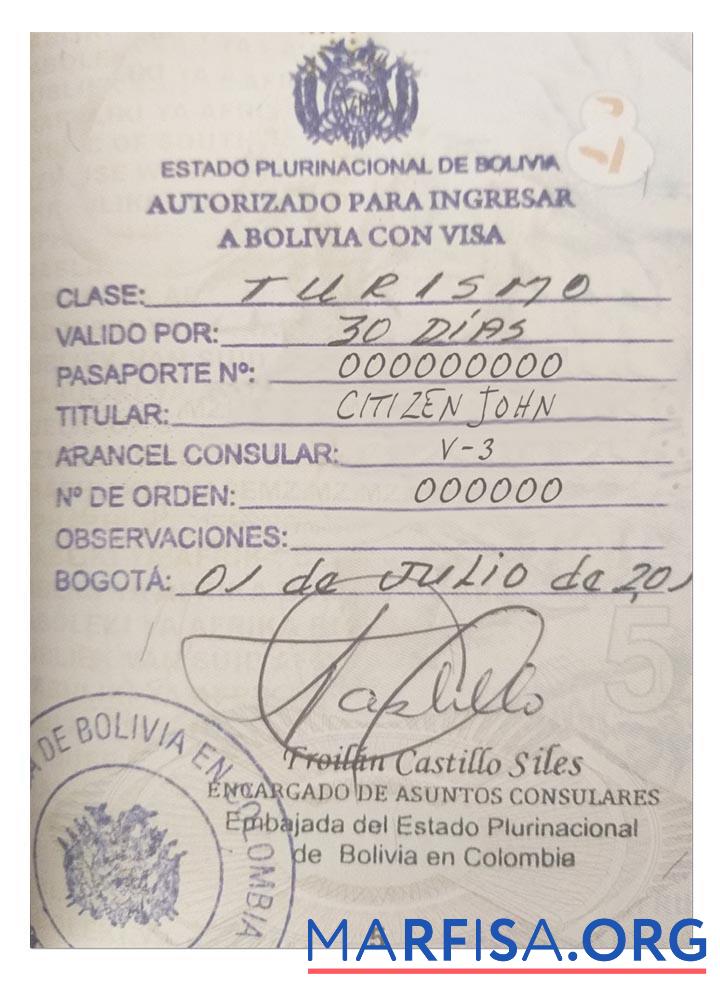 Bolivien Visum (Stempel Version) Vorlage