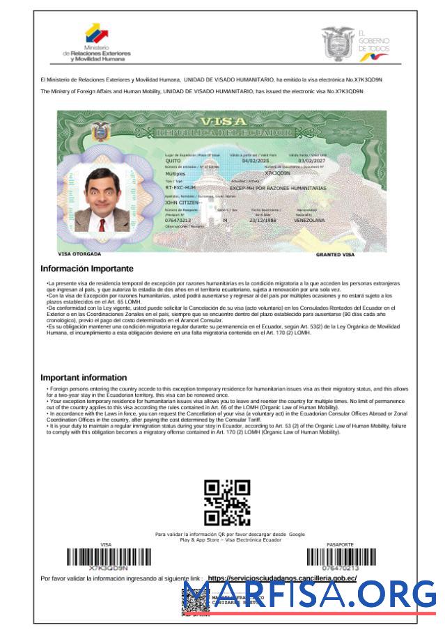 Hohe Qualität Ecuador Reise Visum Vorlage in Word and PDF Formate, Version 2