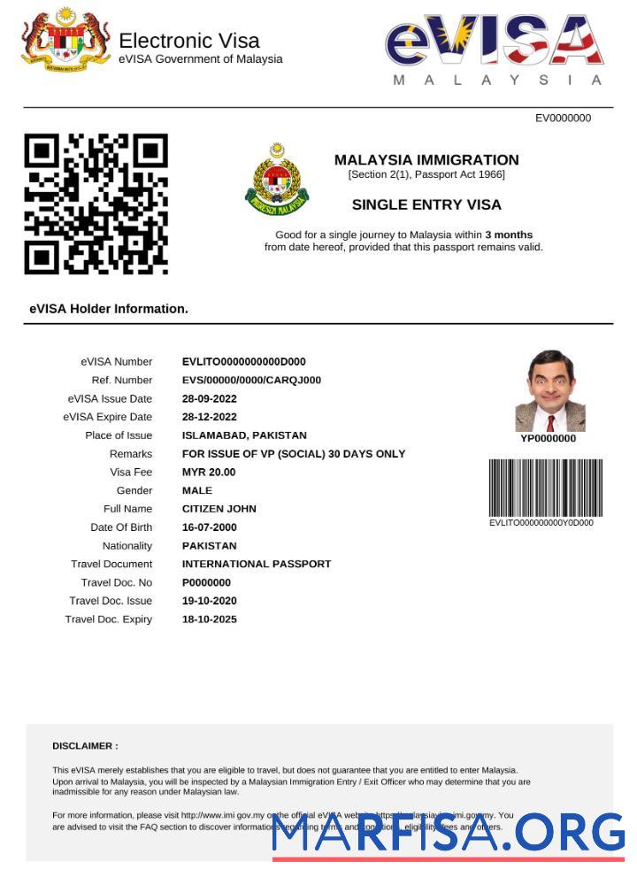 Hohe Qualität Malaysia e Visum in Word and PDF Vorlage