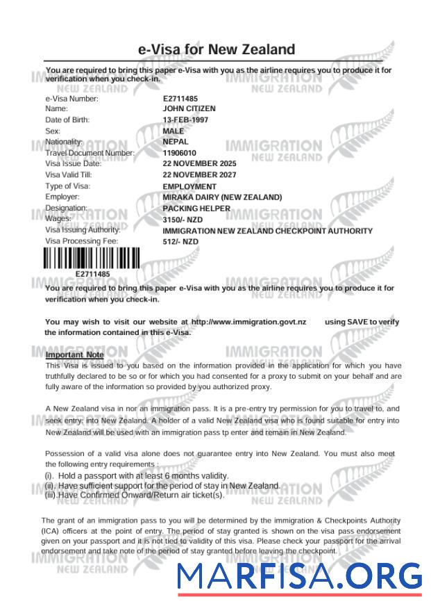 Realistisch Neuseeland e Visum Vorlage in Word and PDF Formate, Version 2
