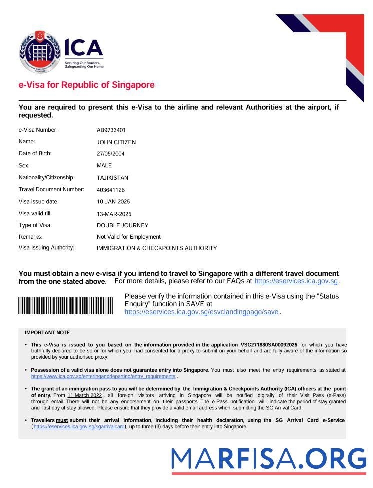 Hohe Qualität Singapur e Visum Vorlage in Word and PDF Formate, Version 2