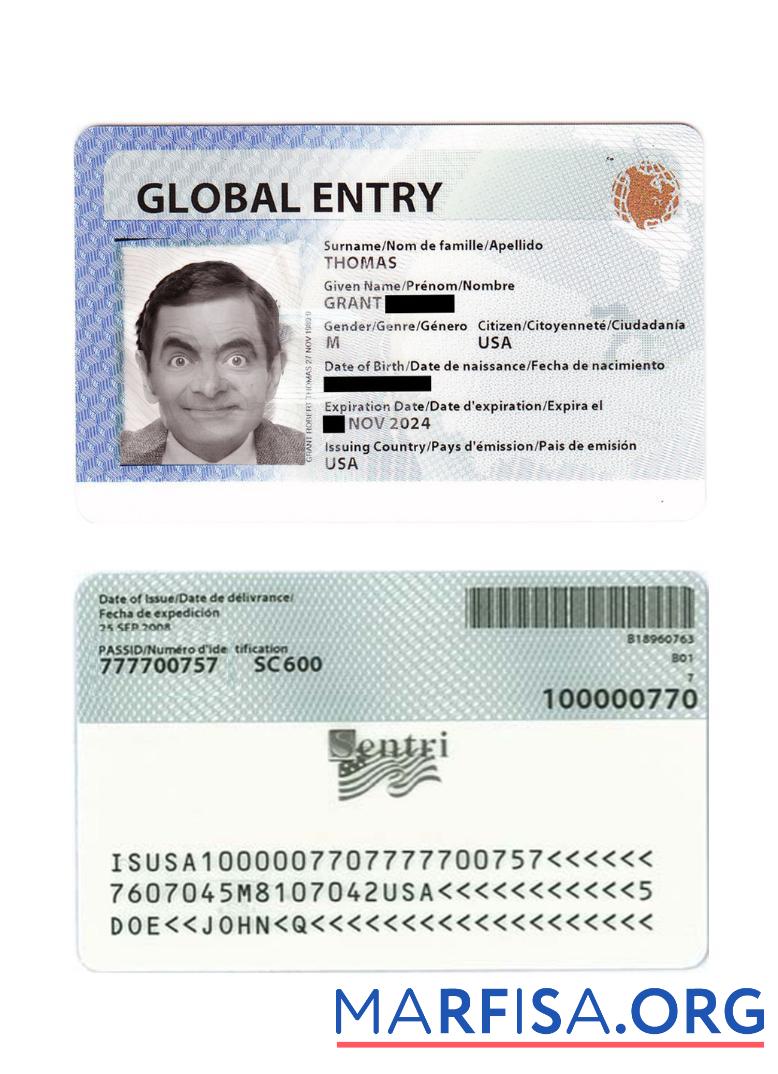 USA Global Einreise Karte Vorlage