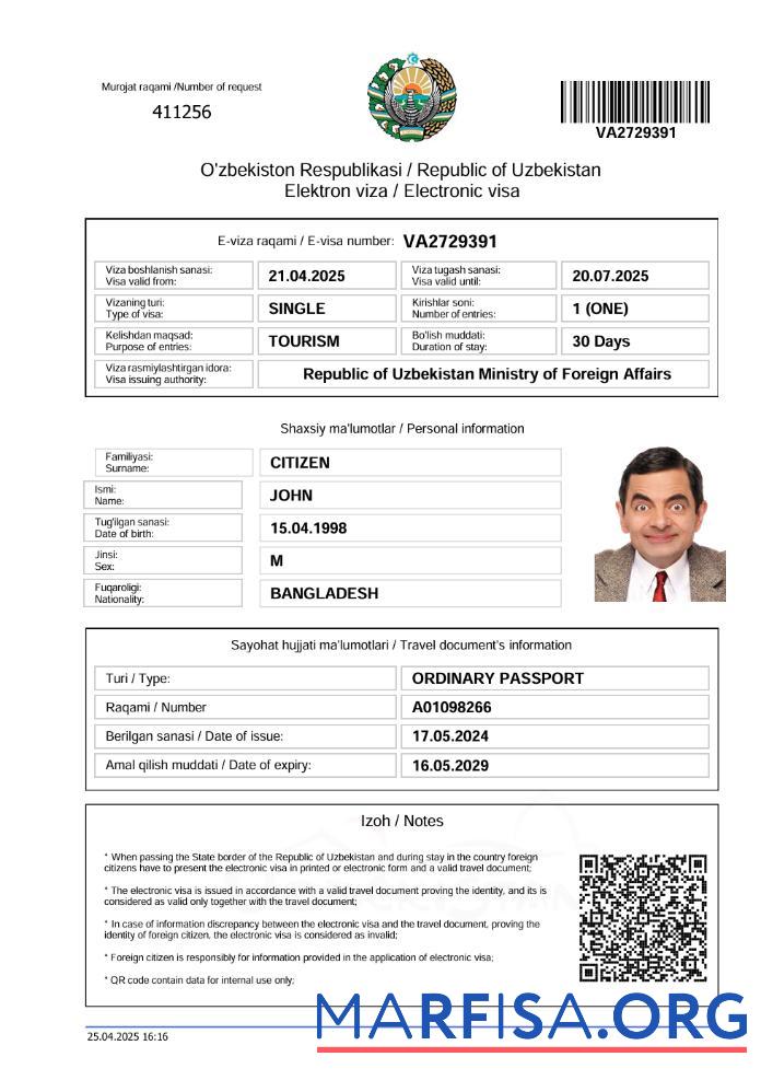 Premium Usbekistan electronic Visum Vorlage in Word and PDF Formate, Version 2