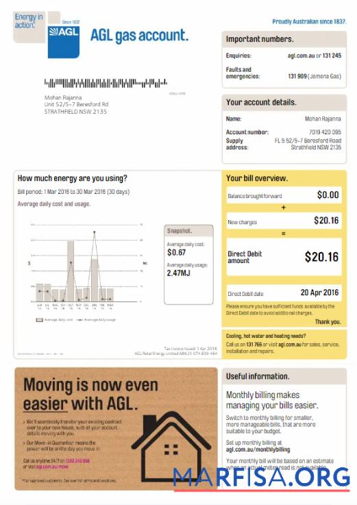 Редактируемый Австралия AGL utiltiy Счёт Word and PDF Шаблон, Версия 3