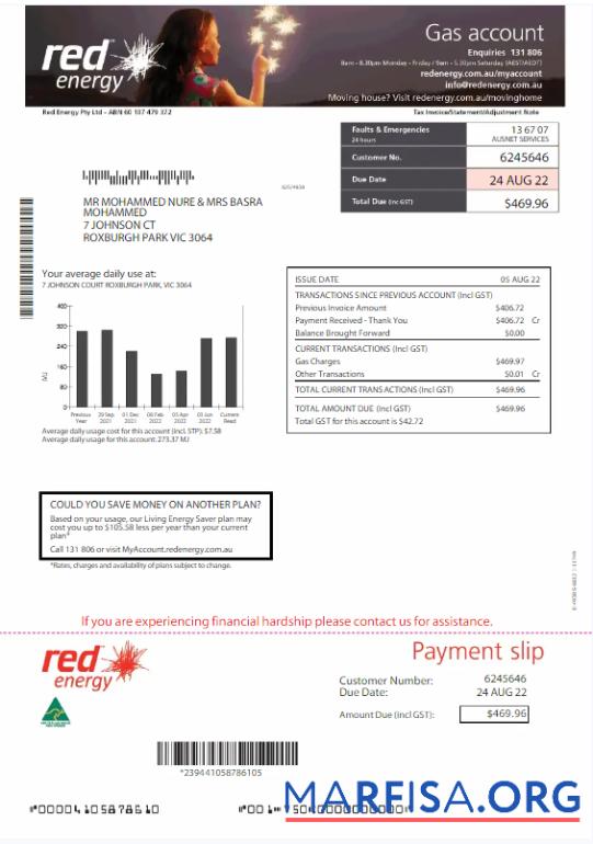 Реалистичный Австралия RED ENERGY Счёт за коммунальные услуги Счёт Word and PDF Шаблон