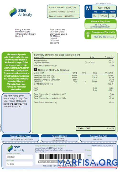 Премиум Австралия SSE AIRTRICITY Счёт за коммунальные услуги Счёт Word and PDF Шаблон