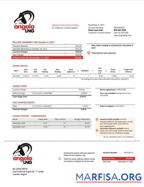 Премиум Ангола LNG proof of address Счёт за коммунальные услуги Счёт Шаблон in Word and PDF Формат