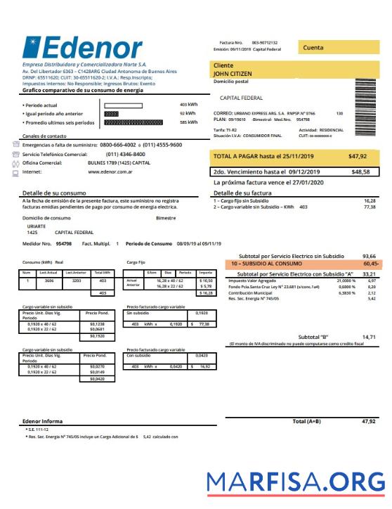 Высокое Качество Аргентина Edenor easy to fill Счёт за коммунальные услуги Счёт Шаблон in Word (.doc) and PDF (.PDF) Формат