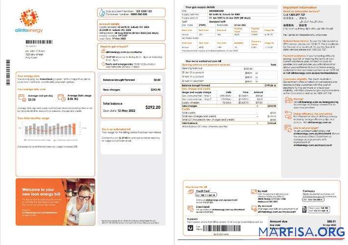 Премиум Австралия Alinta Energy Газ Счёт за коммунальные услуги Счёт Шаблон in Word and PDF Формат, 2 pages