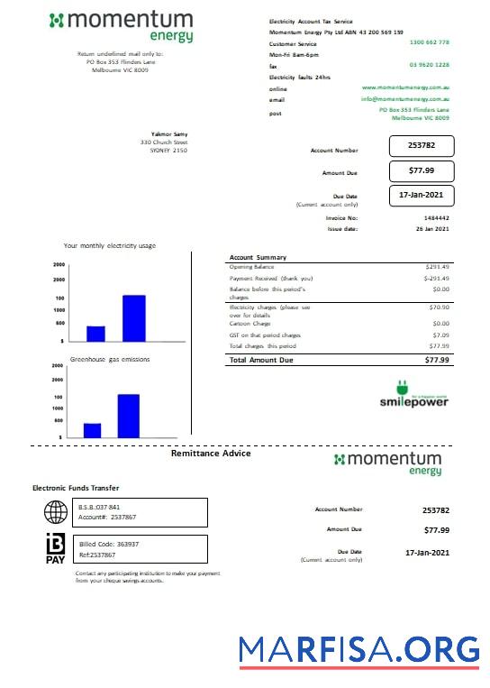 Австралия Momentum Energy Счёт за коммунальные услуги Счёт образец