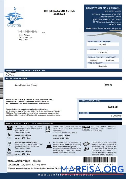 Австралия NSW Bankstown City Council Счёт за коммунальные услуги Счёт образец