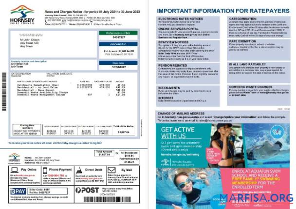 Премиум Австралия NSW Hornsby Shire Council Счёт за коммунальные услуги Счёт, Word and PDF Шаблон, 2 pages