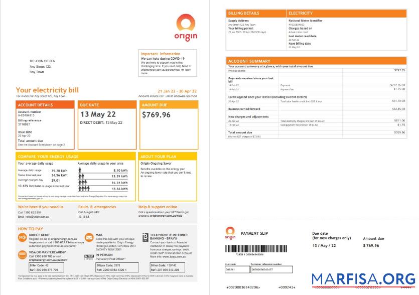 Высокое Качество Австралия Origin Счёт за коммунальные услуги Счёт, Word and PDF Шаблон, 4 pages 1 2