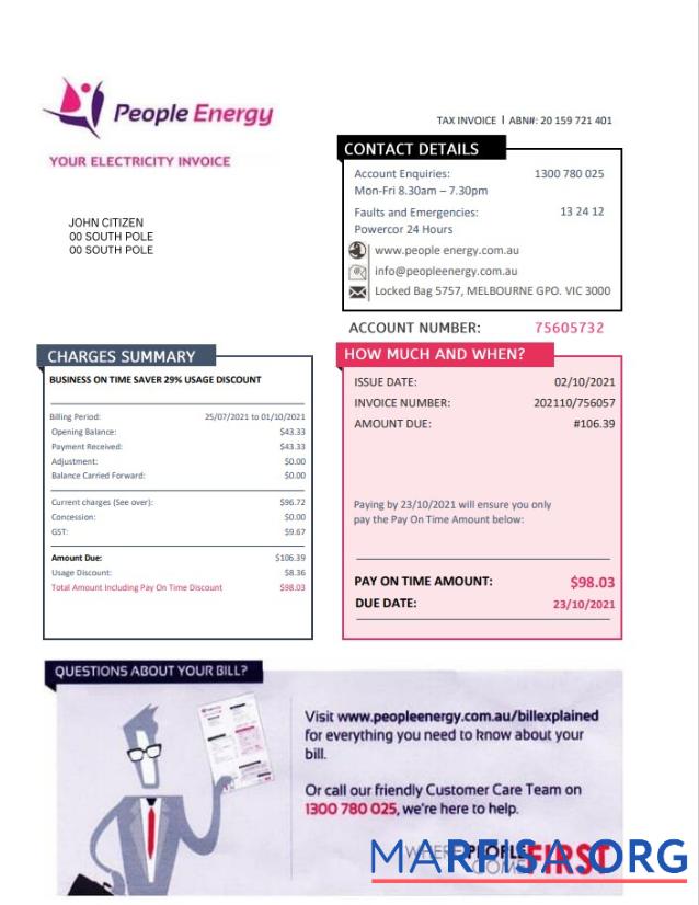 Австралия People Energy Электричество Счёт за коммунальные услуги Счёт шаблон