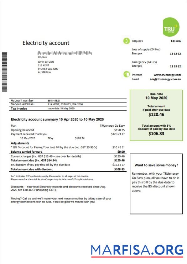 Реалистичный Австралия Tru Energy Электричество Счёт за коммунальные услуги Счёт Шаблон in Word and PDF Формат
