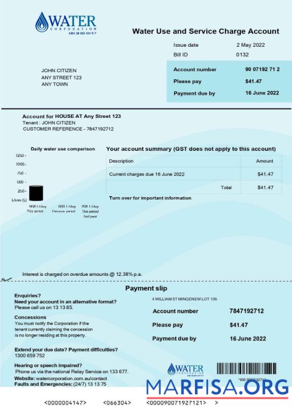 Реалистичный Австралия Вода Corporation WA Счёт за коммунальные услуги Счёт .doc and .PDF Шаблон
