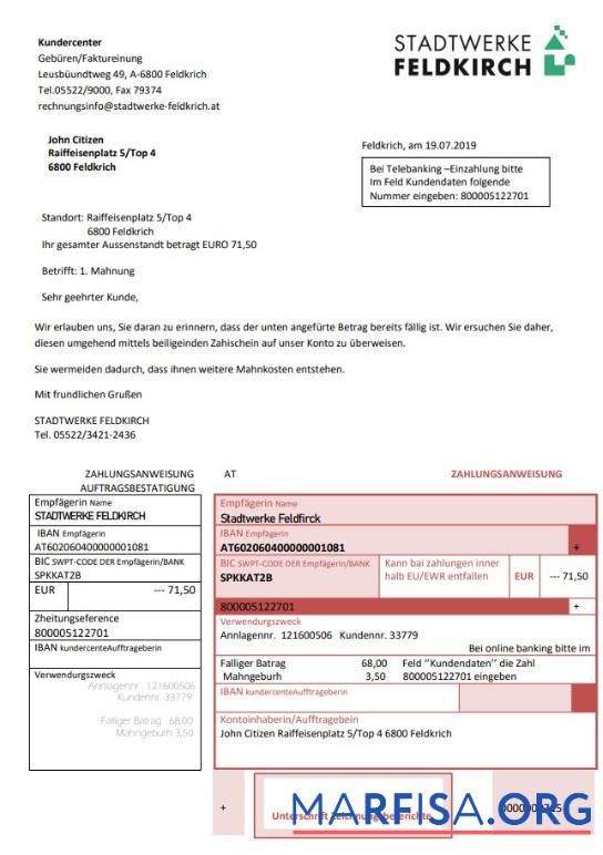 Австрия Stadtwerke Feldkirch Счёт за коммунальные услуги Счёт шаблон