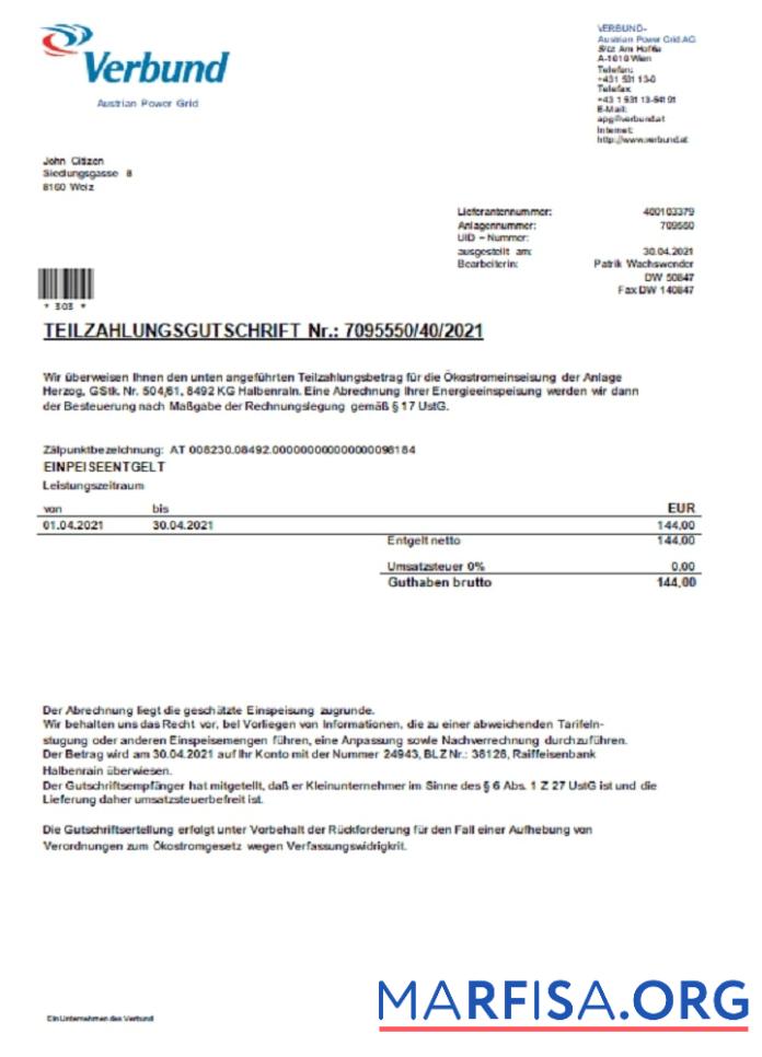 Австрия Verbund Austrian Power Сетка Счёт за коммунальные услуги Счёт дизайн