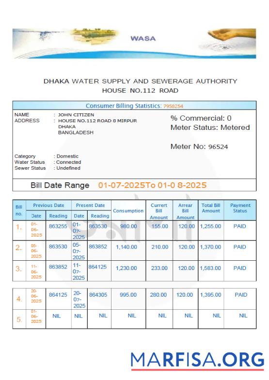 Реалистичный Бангладеш Dhaka Вода Supply and Sewerage Authority Счёт за коммунальные услуги Счёт Шаблон in Word and PDF Форматы