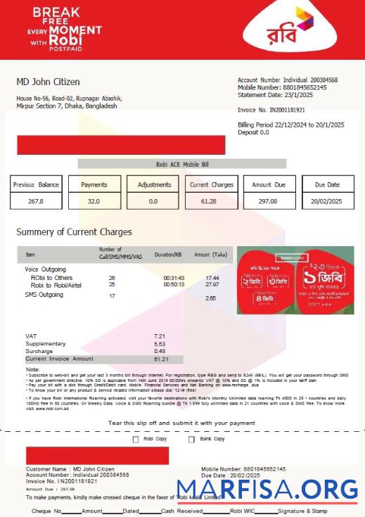 Реалистичный Бангладеш Robi Axiata Limited Счёт за коммунальные услуги Счёт Шаблон in Word and PDF Форматы, Версия 2