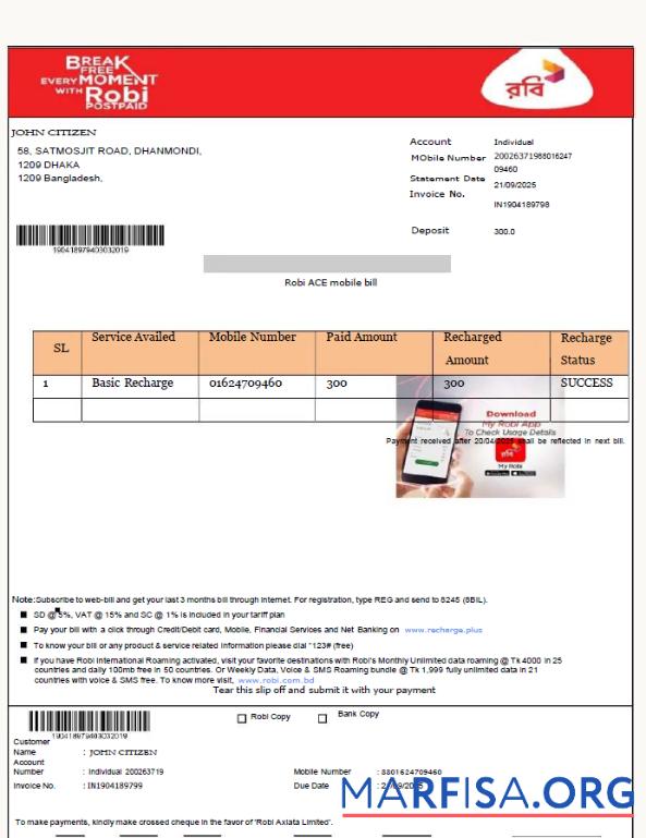 Премиум Бангладеш Robi Axiata Limited Счёт за коммунальные услуги Счёт Шаблон in Word and PDF Форматы