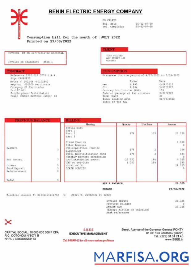 Редактируемый Бенин Electric Компания Word and PDF Счёт за коммунальные услуги Счёт Шаблон