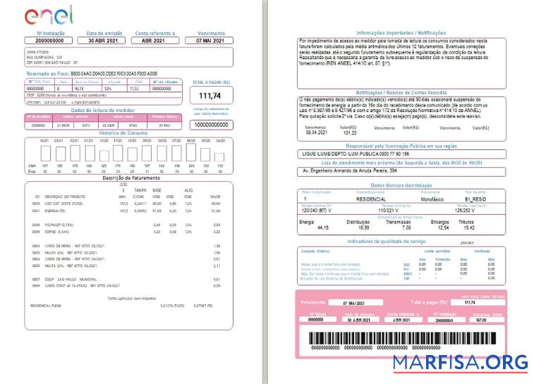 Бразилия ENEL Электричество Счёт за коммунальные услуги Счёт (2 pages) шаблон