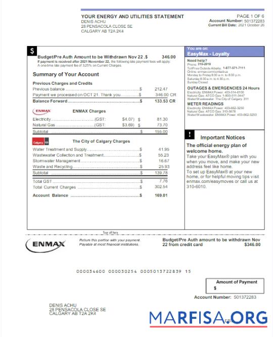 Профессиональный Канада ENMAX Счёт за коммунальные услуги Счёт Word and PDF Шаблон