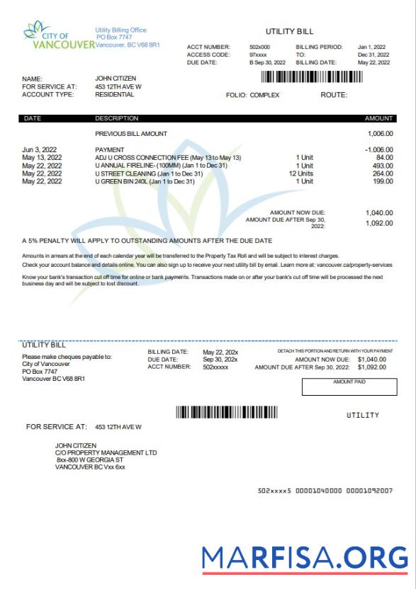 Реалистичный Канада British Columbia City of Vancouver Счёт за коммунальные услуги Счёт Шаблон in Word and PDF Формат