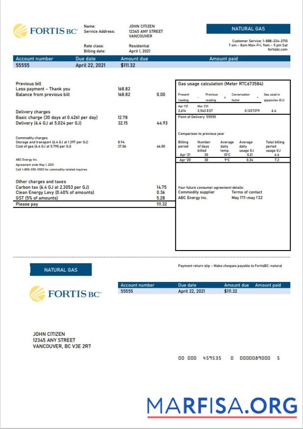 Премиум Канада British Columbia FortisBC Счёт за коммунальные услуги Счёт Шаблон in Word and PDF Формат