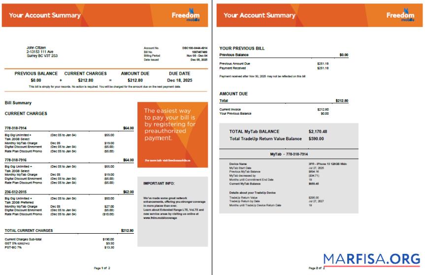 Премиум Канада Freedom Mobile Счёт за коммунальные услуги Счёт Шаблон in Word and PDF Форматы, 2 pages