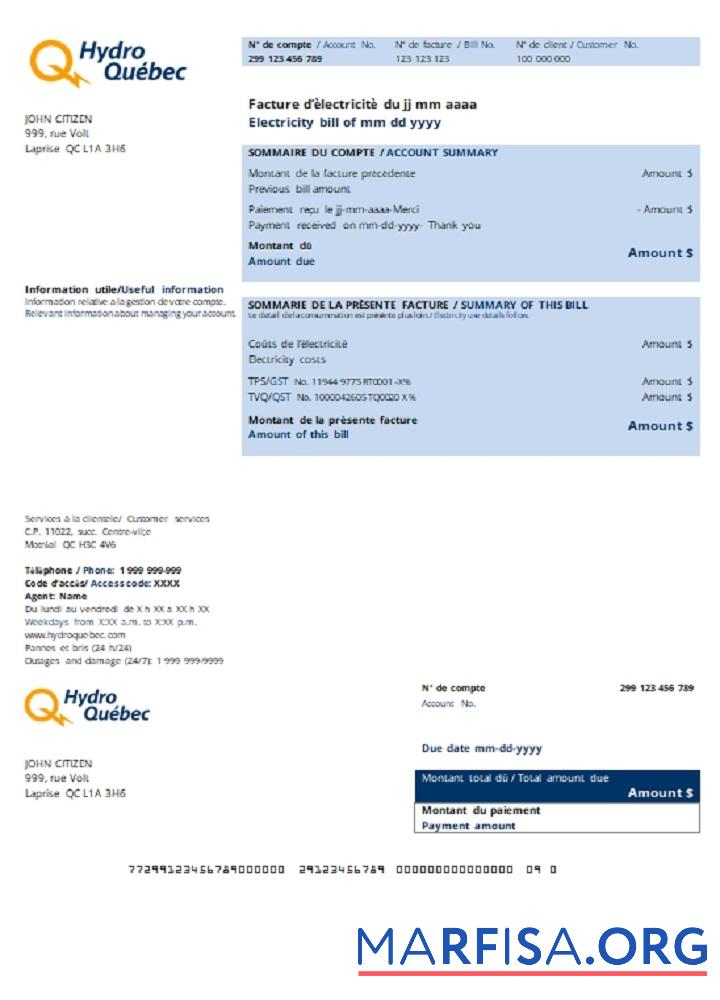 Премиум Канада Hydro Que╠übec Счёт за коммунальные услуги Счёт Шаблон in .doc and .PDF Формат