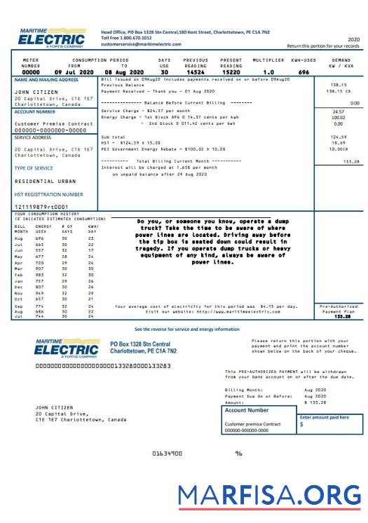 Высокое Качество Канада Maritime Electric Счёт за коммунальные услуги Счёт Шаблон in Word and PDF Формат