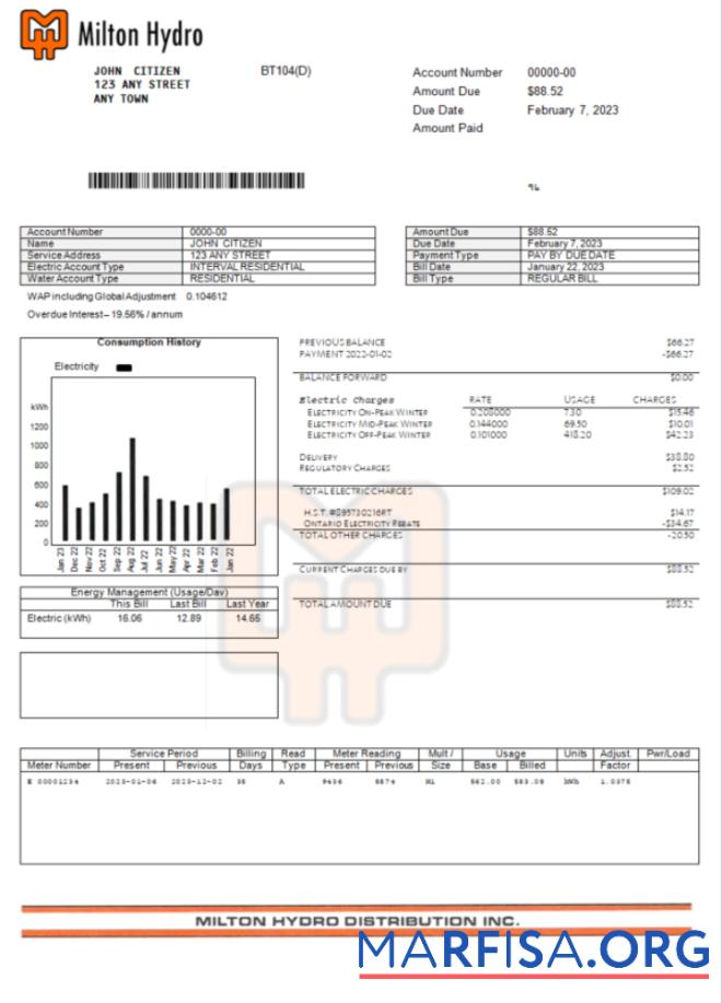 Профессиональный Канада Milton Hydro Электричество Счёт Word and PDF Шаблон