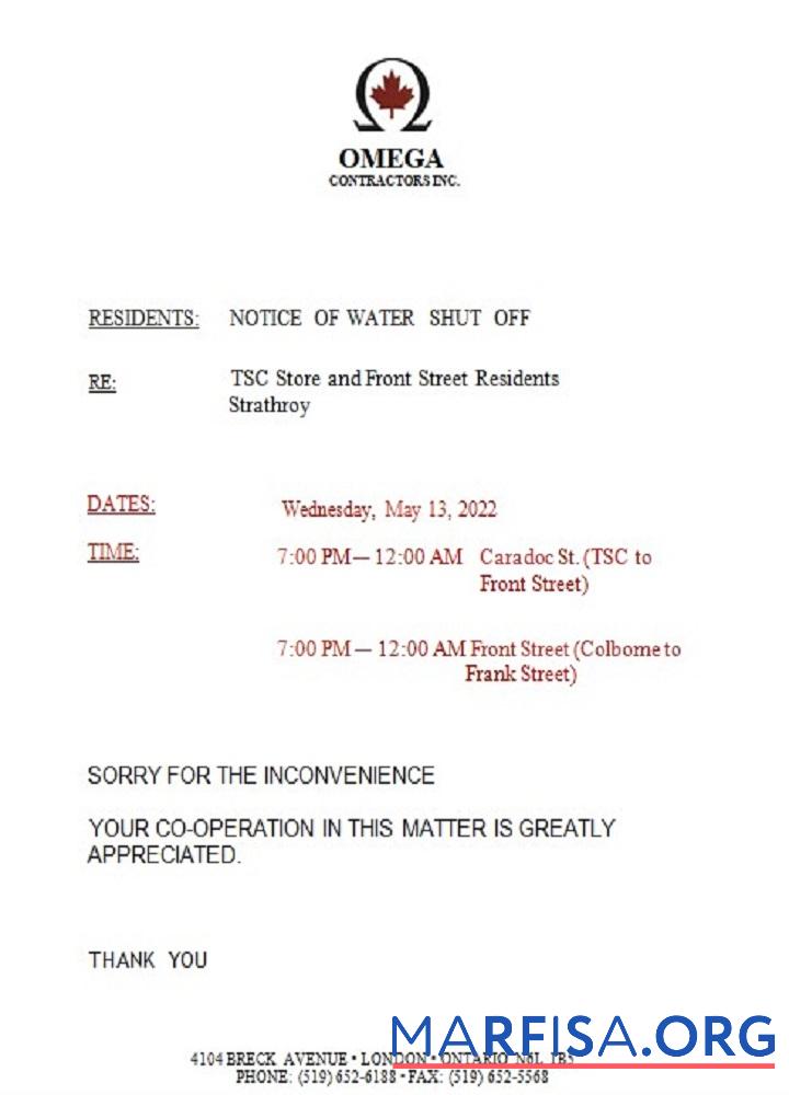 Канада Ontario Omega Contractors Inc. Вода Счёт за коммунальные услуги Счёт shutoff notice предпросмотр