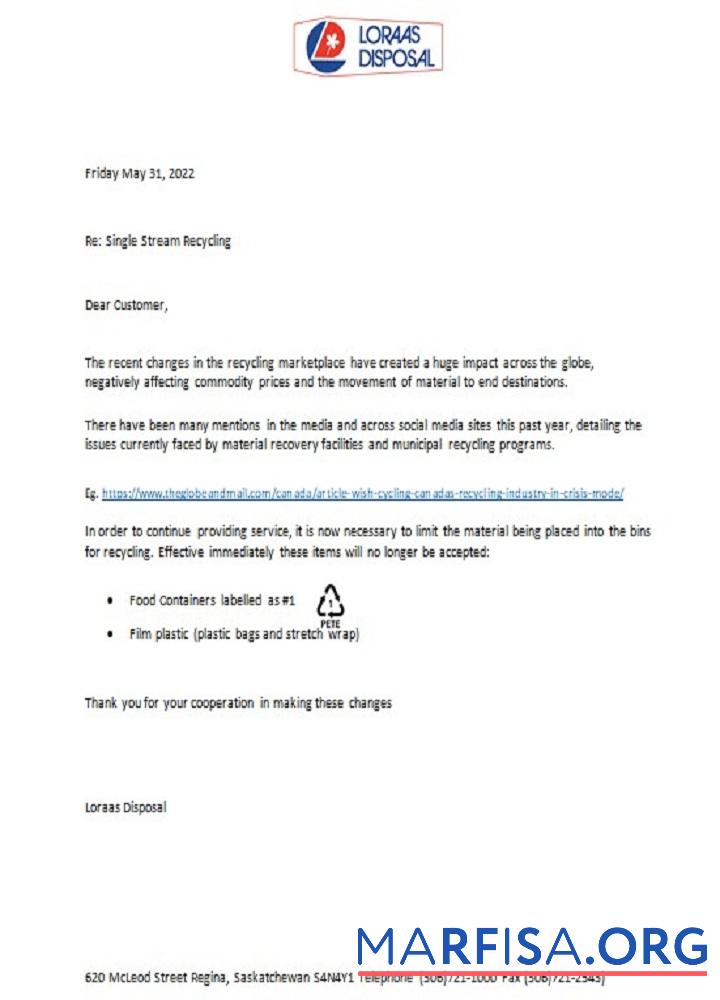Канада Saskatchewan Loraas Disposal recycling Счёт за коммунальные услуги shut off notice шаблон